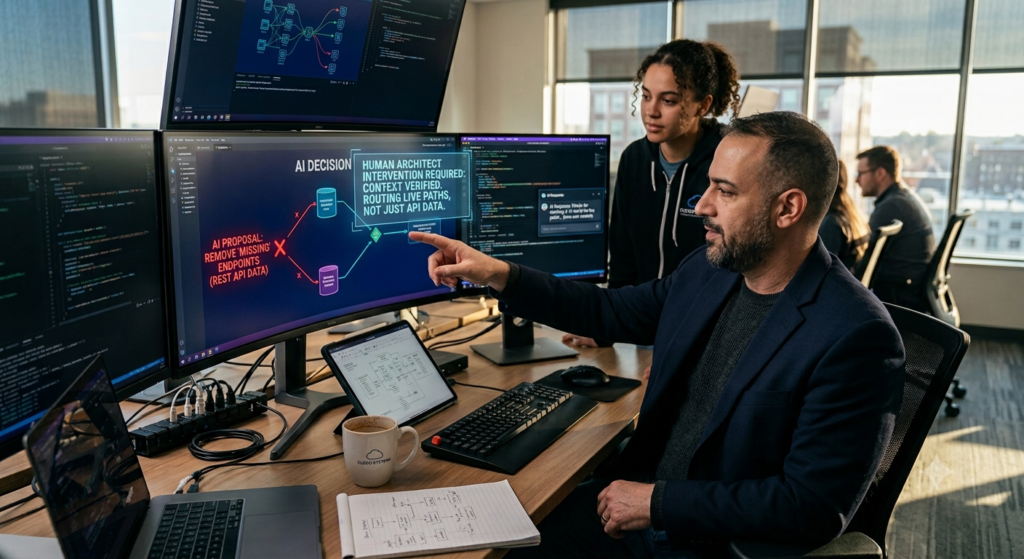 Human technology architect overseeing AI system decisions and live infrastructure validation.