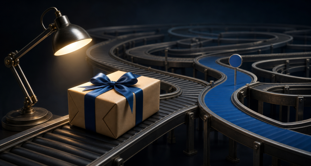 A beautifully wrapped package travels toward the wrong conveyor route while an inspection lamp reveals the mistake.