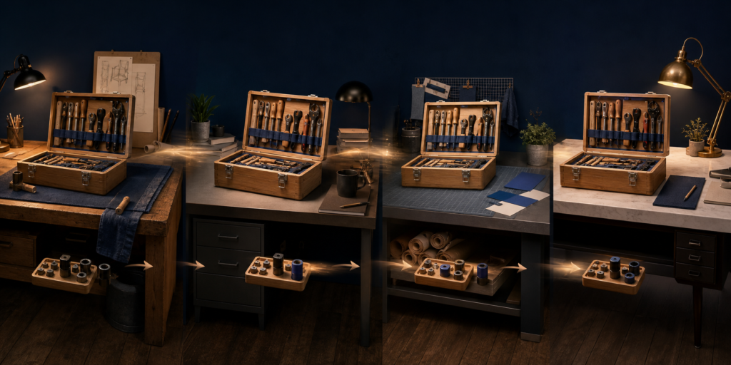 The same organized wooden toolkit appears across several different workbenches, representing portable agent skills.