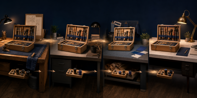 The same organized wooden toolkit appears across several different workbenches, representing portable agent skills.