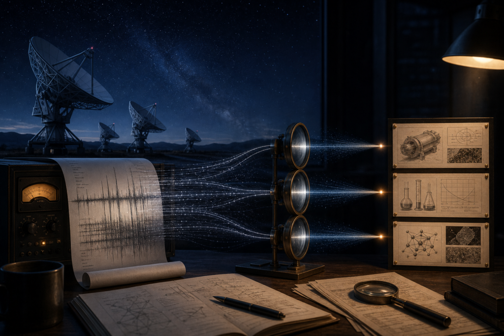 Scientific listening instruments filter many faint signals through verification lenses into a few evidence records.