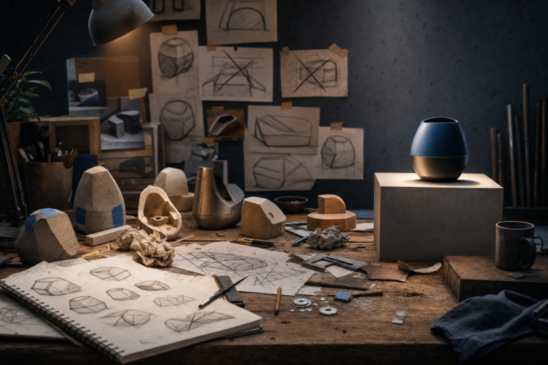 A finished object stands beside sketches, rough prototypes, rejected attempts, measurements, and repaired parts.