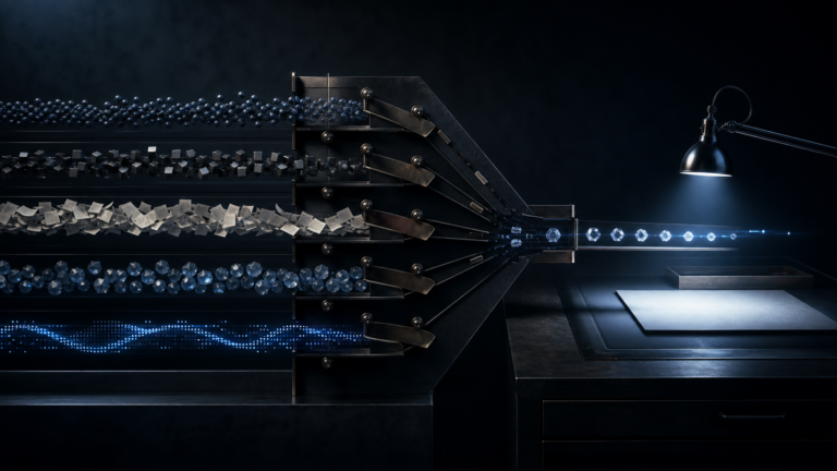 Five streams of information pass through a mechanical filter toward a focused work surface, representing ranked AI signals.