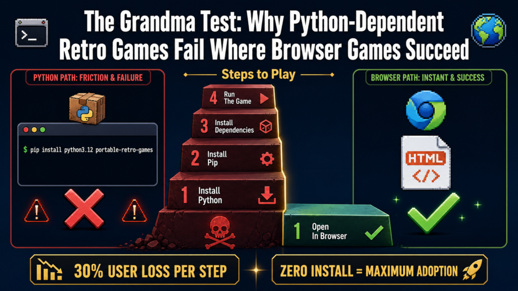 Split image: left shows complex terminal with Python pip install commands, red X overlay; right shows simple HTML file icon with browser icon, green checkmark. Between them: golden 'GRANDMA TEST' text with scale comparison