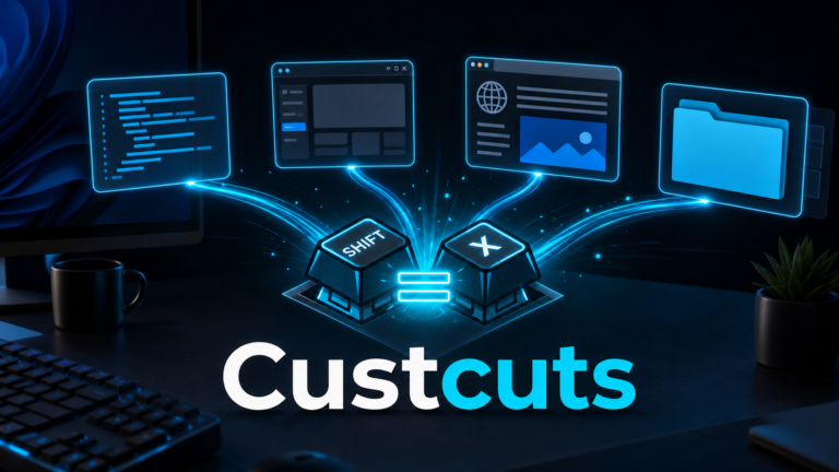 Custcuts featured artwork showing glowing global keyboard shortcuts launching a text snippet, application, website, and folder on a Windows desktop.