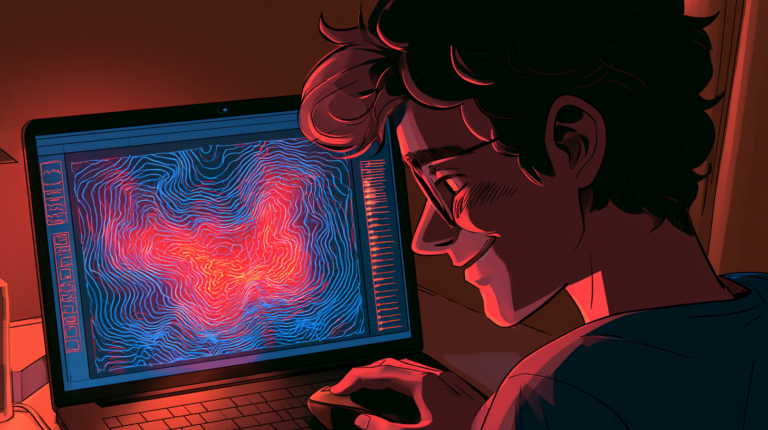 A person at a laptop drawing a blob shape on screen with their mouse, the laptop displaying the drawn shape vibrating with visible red/blue contour bands and a mode list beside it, the person smiling with delight at hearing the drum sound