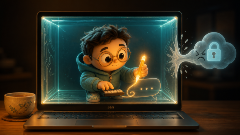 A polished desktop screen showing Jan ChatGPT-style interface with a local AI conversation in progress, model picker showing a downloaded Llama-style model, and warm desktop lighting conveying privacy and local control