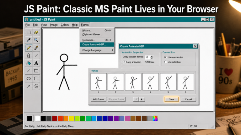 A person's hand using a mouse to draw a simple stick figure in JS Paint's classic MS Paint interface, with the animated GIF export dialog open showing the stick figure animating across frames — capturing the moment of delight when a doodle becomes a shareable animation