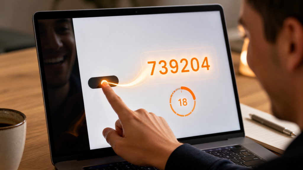 A person using a laptop browser to watch live 2FA codes appear, with a visible timer and a clean 6-digit code on screen — human action showing delight at the instant result.