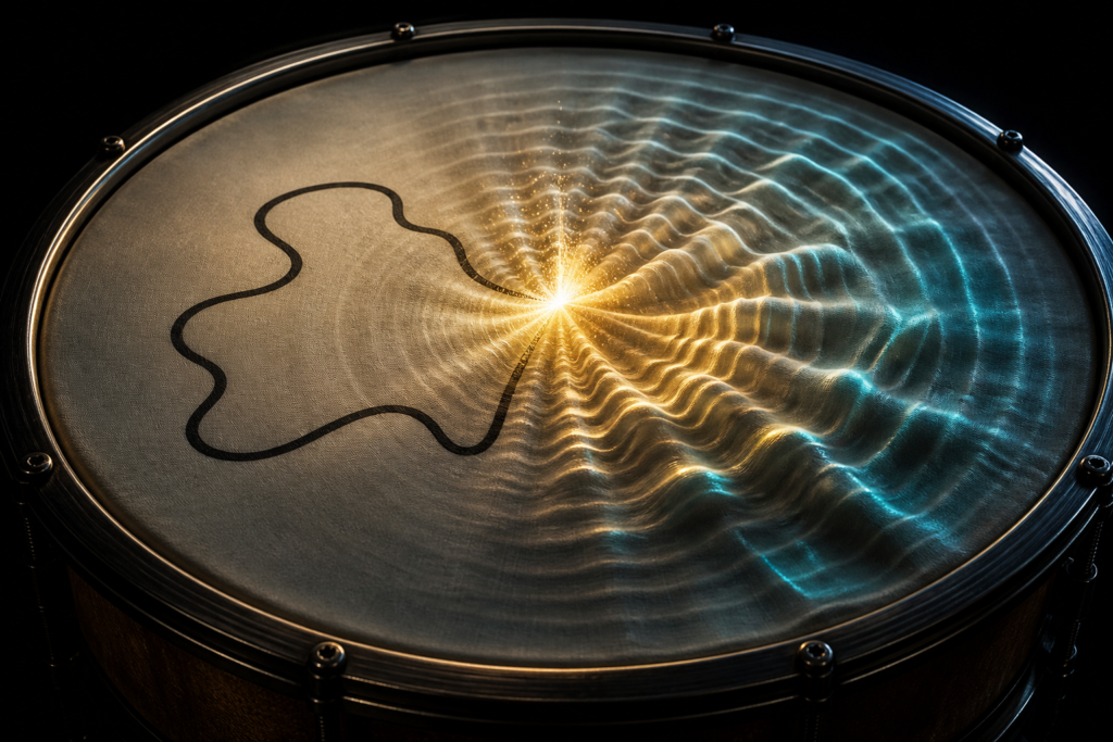 Person drawing a circle on Eigendrum's drum plate, with vibration modes visible and sound waves shown