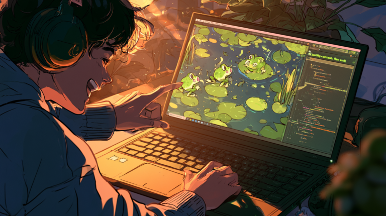 A developer at a laptop smiling as cartoon frogs hop across the screen from left to right, landing on green lilypads, with visible CSS code `justify-content: flex-end;` in the editor pane and the frog reaching the target — showing the game's core mechanic of writing CSS to move frogs