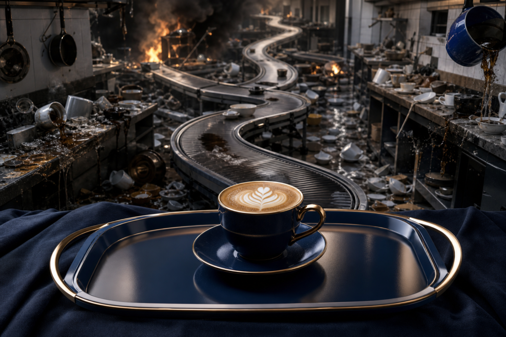 A perfect cup of coffee arrives on a tray while its winding route through a chaotic automated kitchen burns behind it.