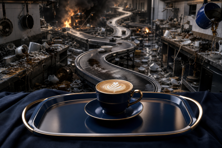 A perfect cup of coffee arrives on a tray while its winding route through a chaotic automated kitchen burns behind it.